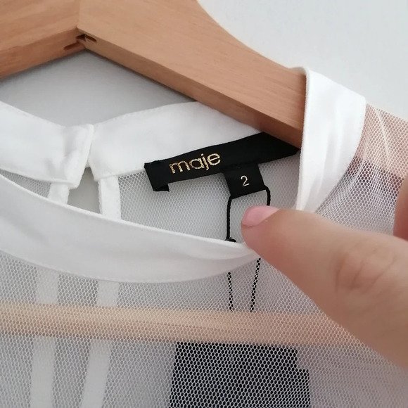 NWT Maje Lemia Pleated Ruffle Overlay Mesh Ecru White Blouse Maje 2 (Medium) - Picture 11 of 16